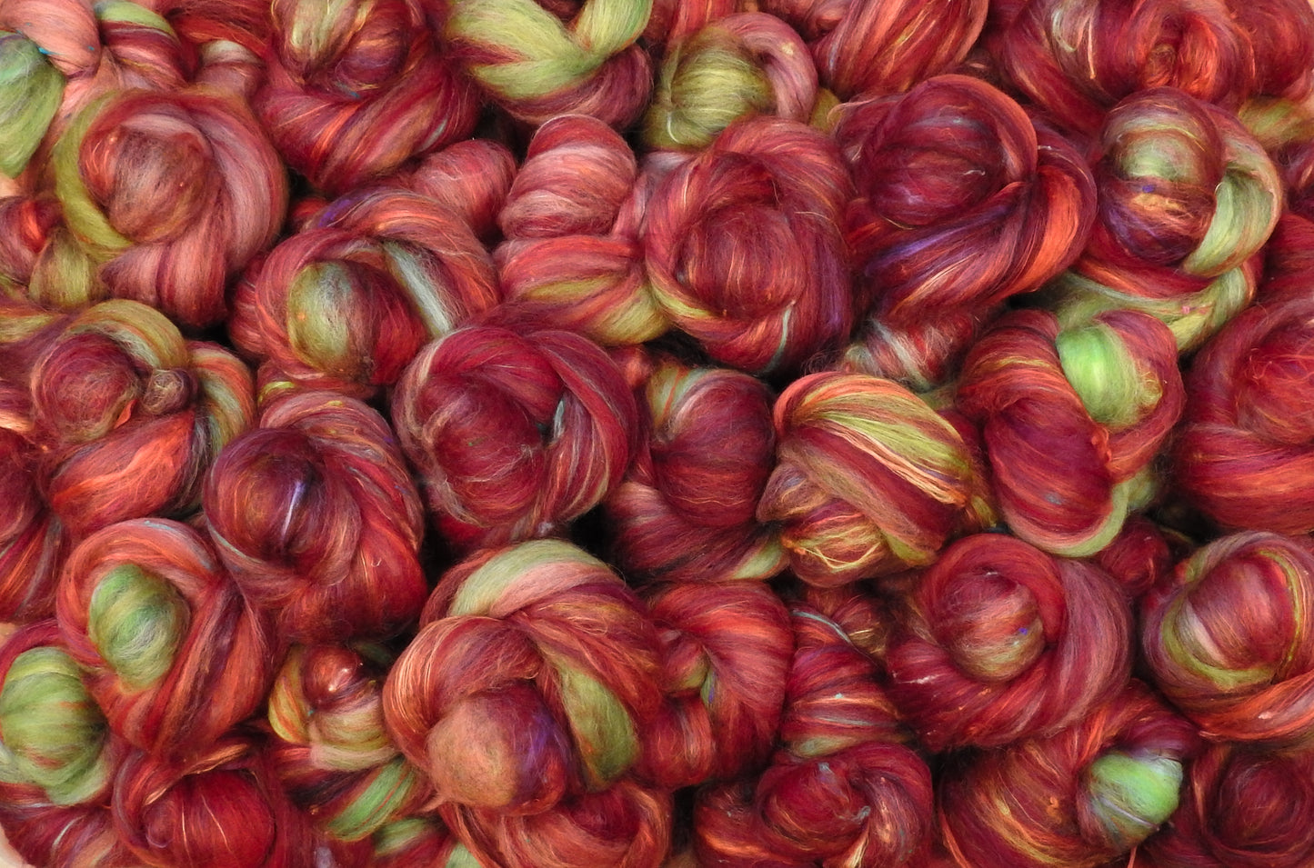 Strawberries- Sticklebatts- 30% Nash Island fleece, merino, polwarth, silk, bamboo, silk noil (angelina in sparkle batts)