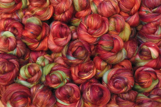 Strawberries- Sticklebatts- 30% Nash Island fleece, merino, polwarth, silk, bamboo, silk noil (angelina in sparkle batts)