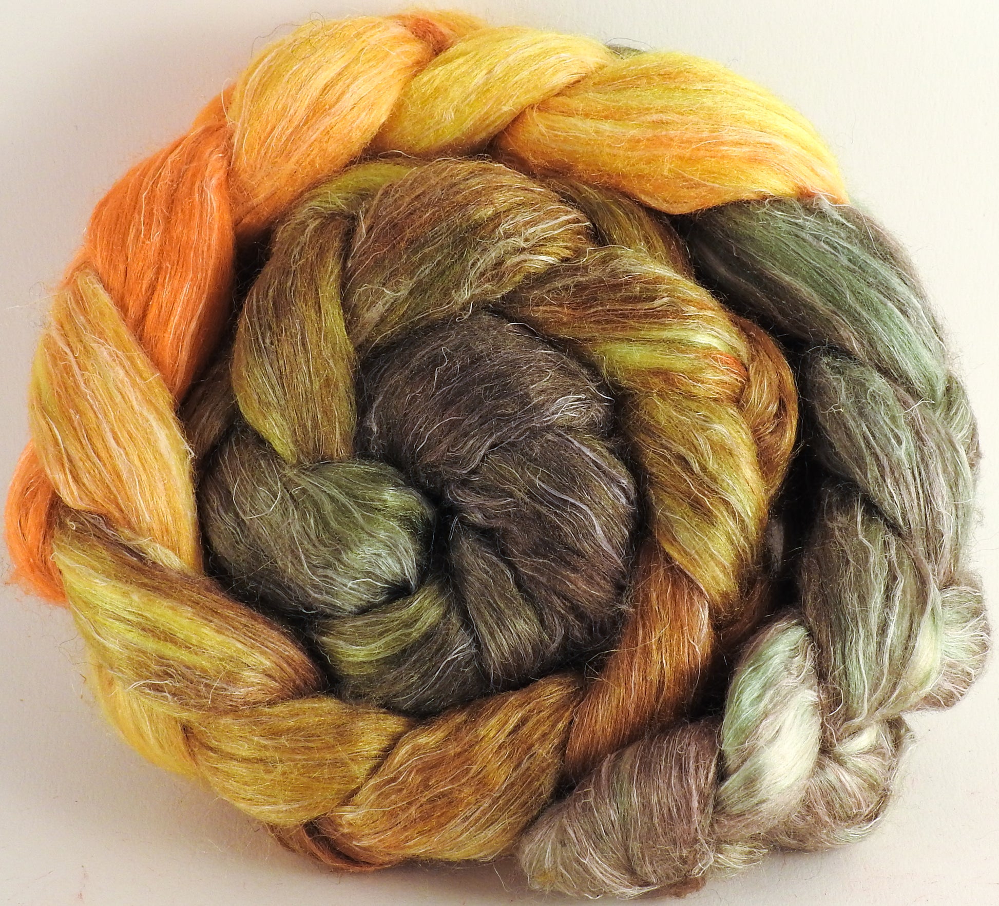 Hand dyed Tussah Silk / flax roving -Tarnished-( 65/35)-( 4.5 oz.) - Inglenook Fibers