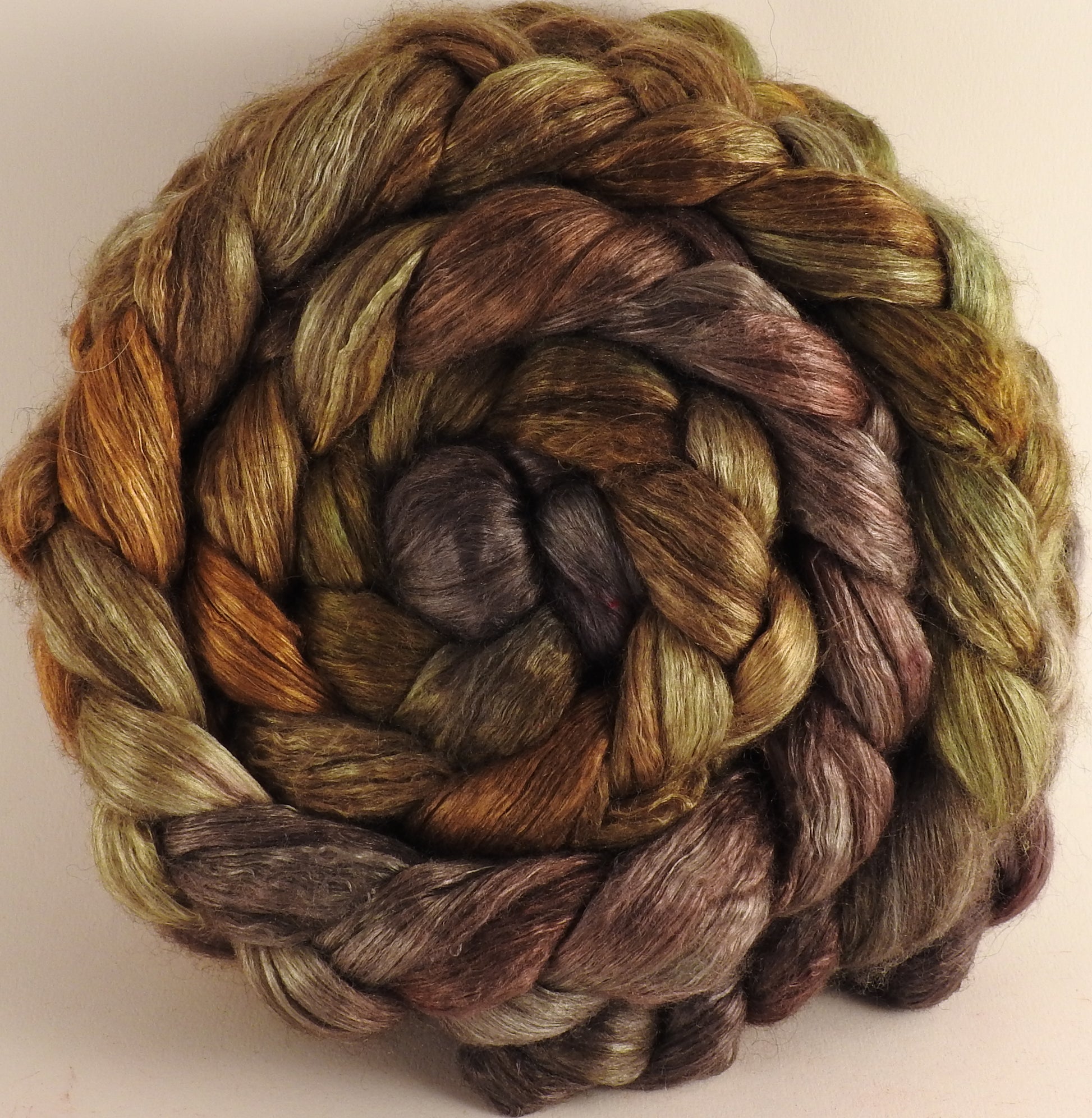 Hand dyed yak/ mulberry silk top -Tarnished - YAK /silk ( 50/50) - Inglenook Fibers
