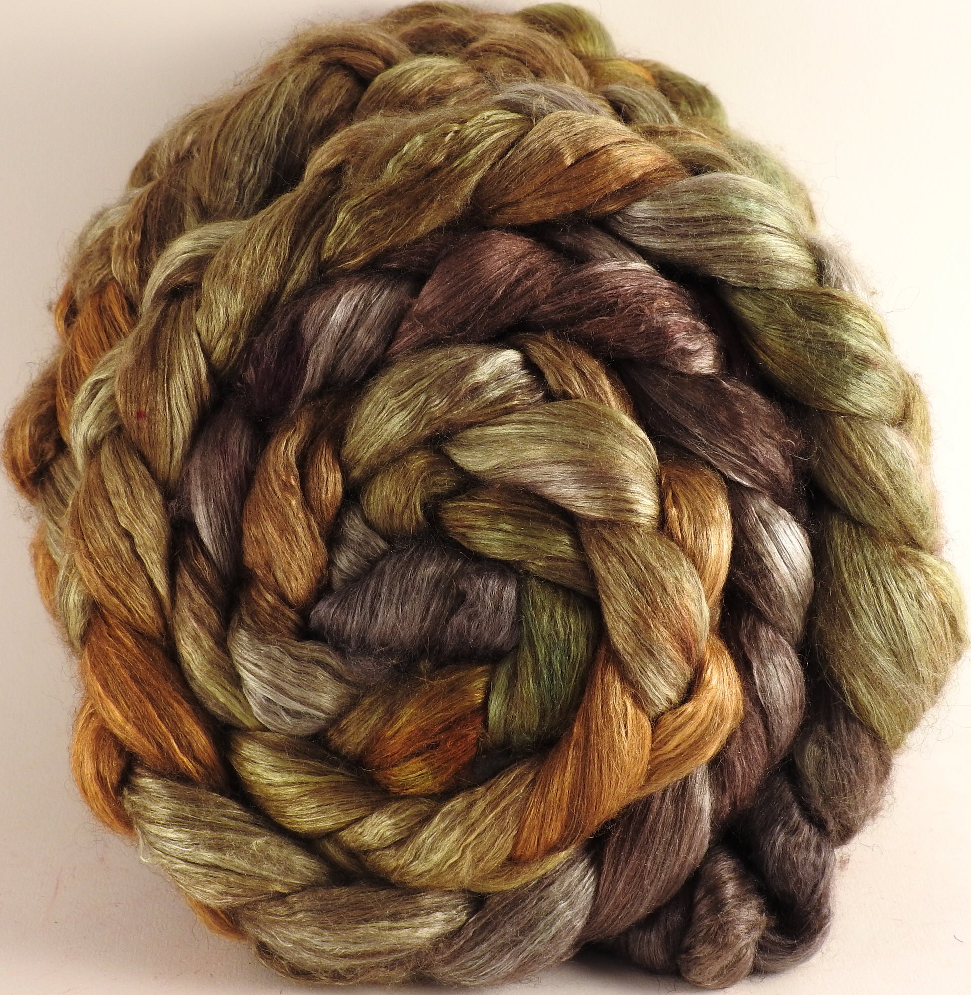 Hand dyed yak/ mulberry silk top -Tarnished - YAK /silk ( 50/50) - Inglenook Fibers