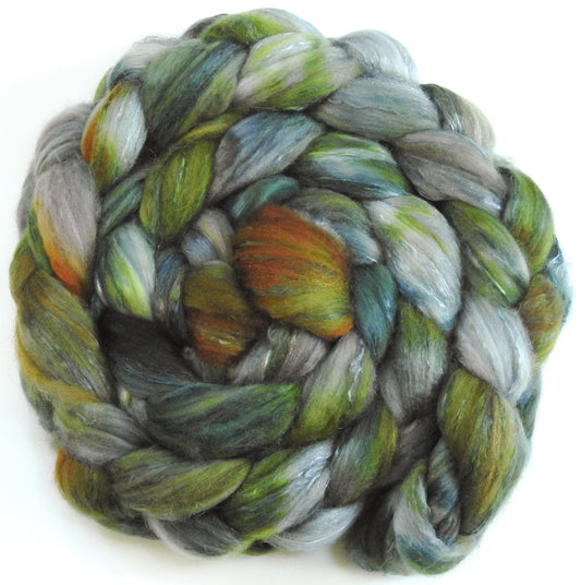Green Tea (6 oz) - Batt in a Braid #5 - Merino/ Camel/ silk/ faux cashmere/ firestar (25/25/25/12/12)