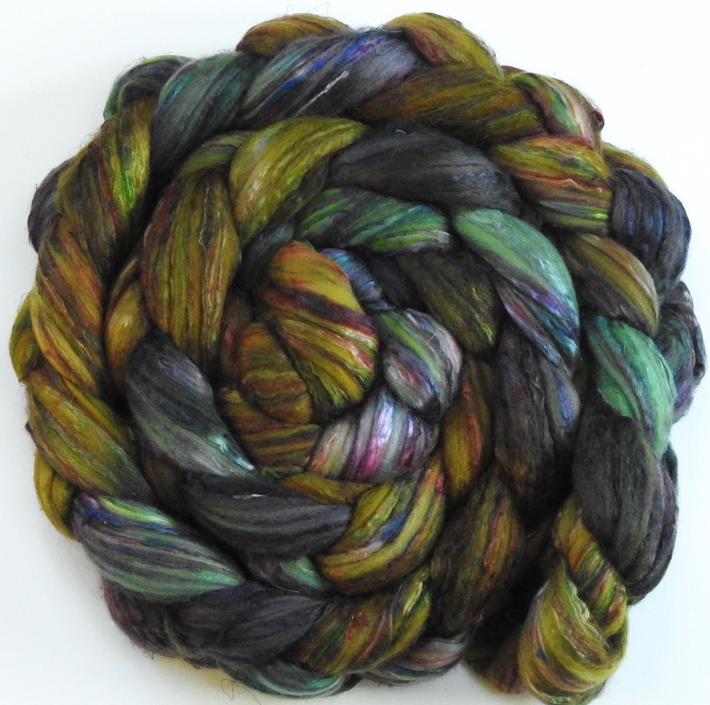 Batt in a Braid #39 - Singular 34 -(5.9 oz.) Falkland Merino/ Mulberry Silk / Sari Silk (50/25/25)