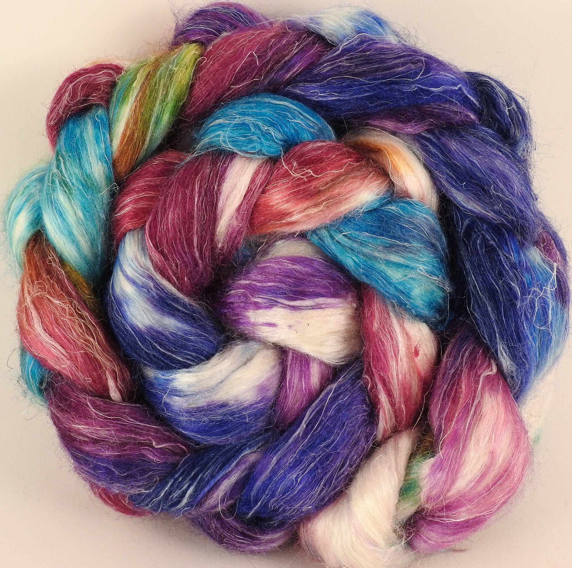 Hand dyed Tussah Silk / flax roving - Batik -( 65/35)-( 4.7 oz.) - Inglenook Fibers