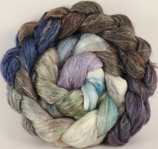 Hand dyed Tussah Silk / flax roving - Downpour - (65/35)- (5.5 oz.) - Inglenook Fibers