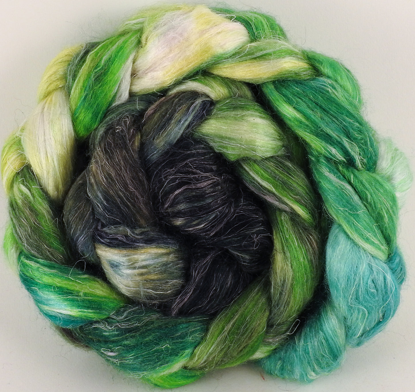 Hand dyed Tussah Silk / flax roving - Brussels Sprout - (65/35)- (4.8 oz.) - Inglenook Fibers