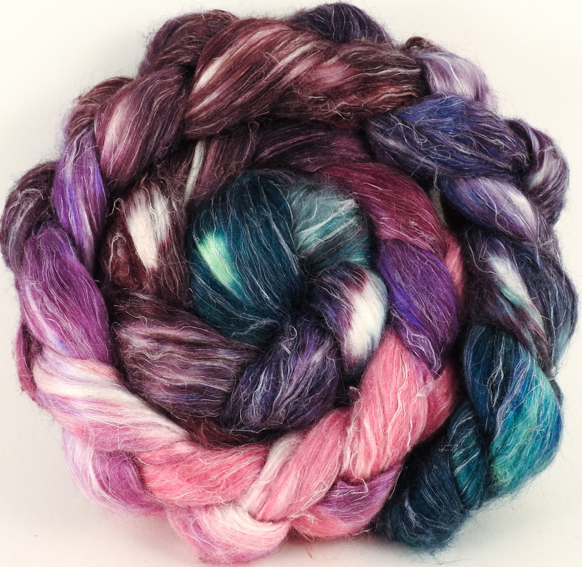 Hand dyed Tussah Silk / flax roving - Framboise - (65/35)- (5.5 oz.) - Inglenook Fibers