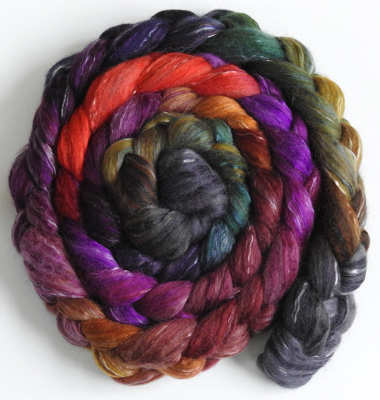 Out on the Town (5.6 oz) - Batt in a Braid #31 - Polwarth/ Mulberry Silk / Baby Alpaca / Rainbow Firestar/ Tencel( 40/25/15/10/10)