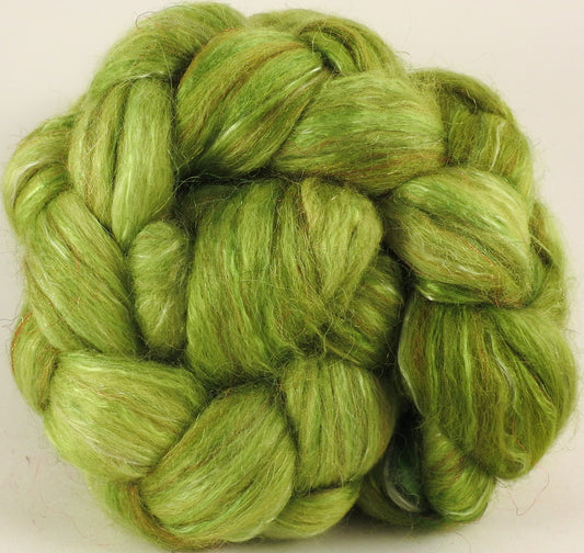 Batt in a Braid #31- Tree Frog -( 5.1 oz. ) - Polwarth/ Mulberry Silk / Baby Alpaca / Rainbow Firestar/ Tencel( 40/25/15/10/10) - Inglenook Fibers