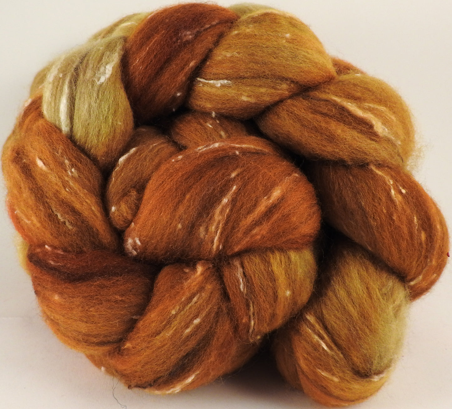 Batt in a Braid #42- Honeycomb -(5.3 oz)  Polwarth/ Tweed Blend / Peduncle&Tussah Silk( 50/25/25) - Inglenook Fibers