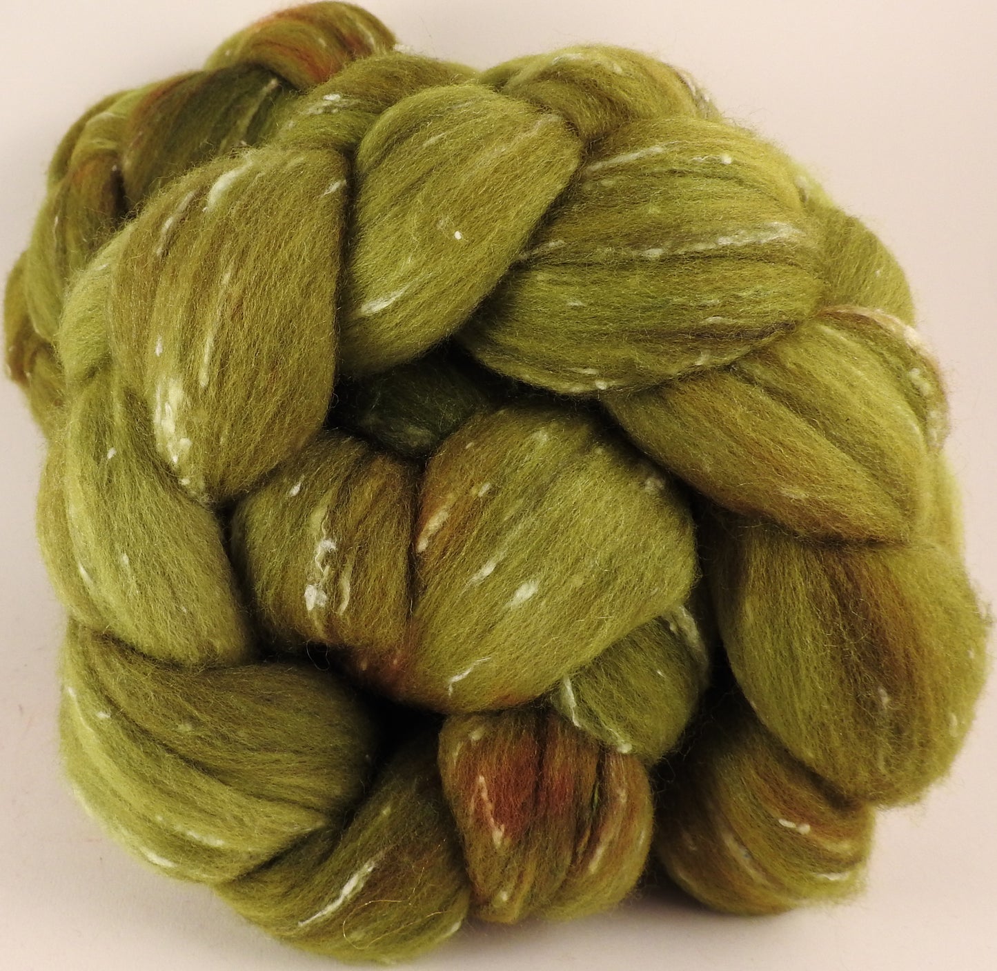 Batt in a Braid #42- Asparagus -  Polwarth/ Tweed Blend / Peduncle&Tussah Silk( 50/25/25) - Inglenook Fibers