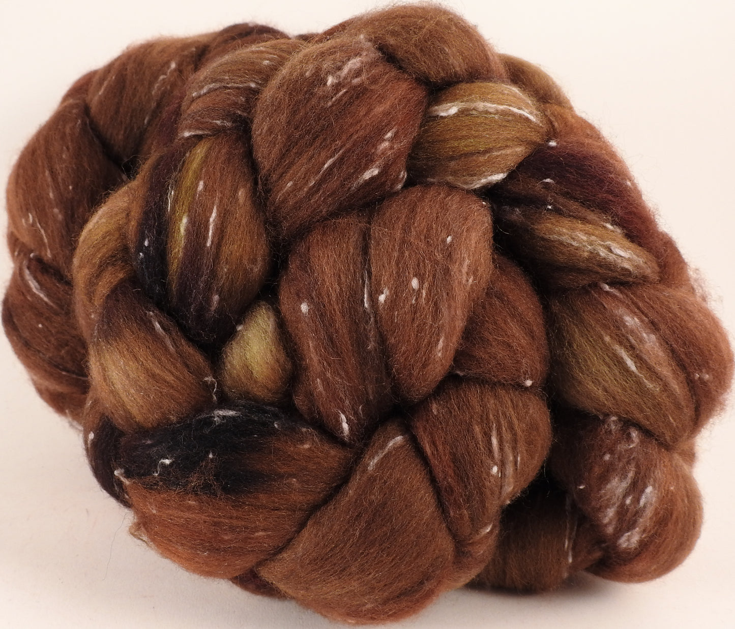 Batt in a Braid #42- Acorn -(5.3 oz)  Polwarth/ Tweed Blend / Peduncle&Tussah Silk( 50/25/25) - Inglenook Fibers