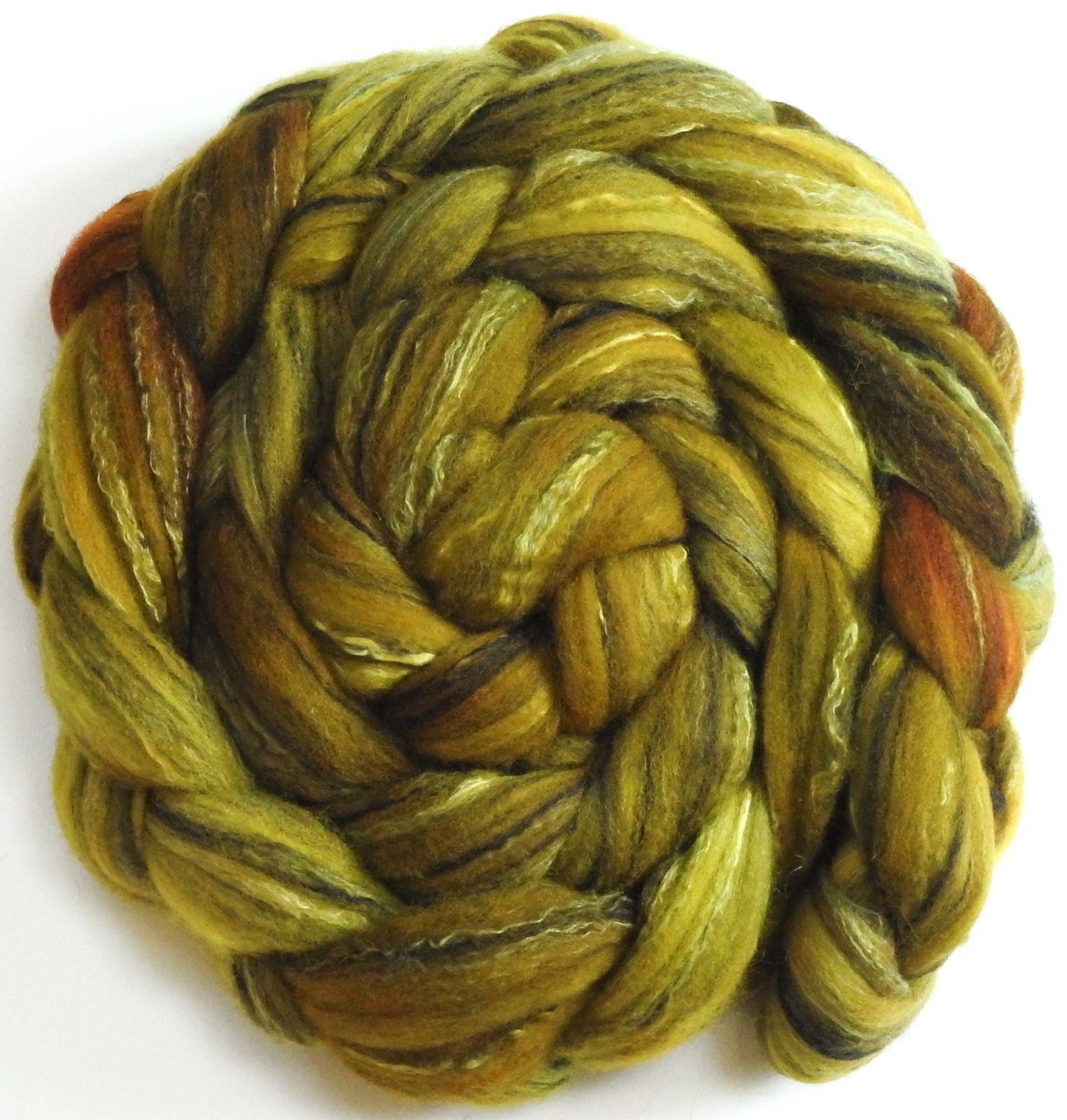 Spore-(6.1 oz.) Batt in a Braid #30- Charollais/ Rambouillet / Black tussah /Mulberry silk (40/40/10/10)
