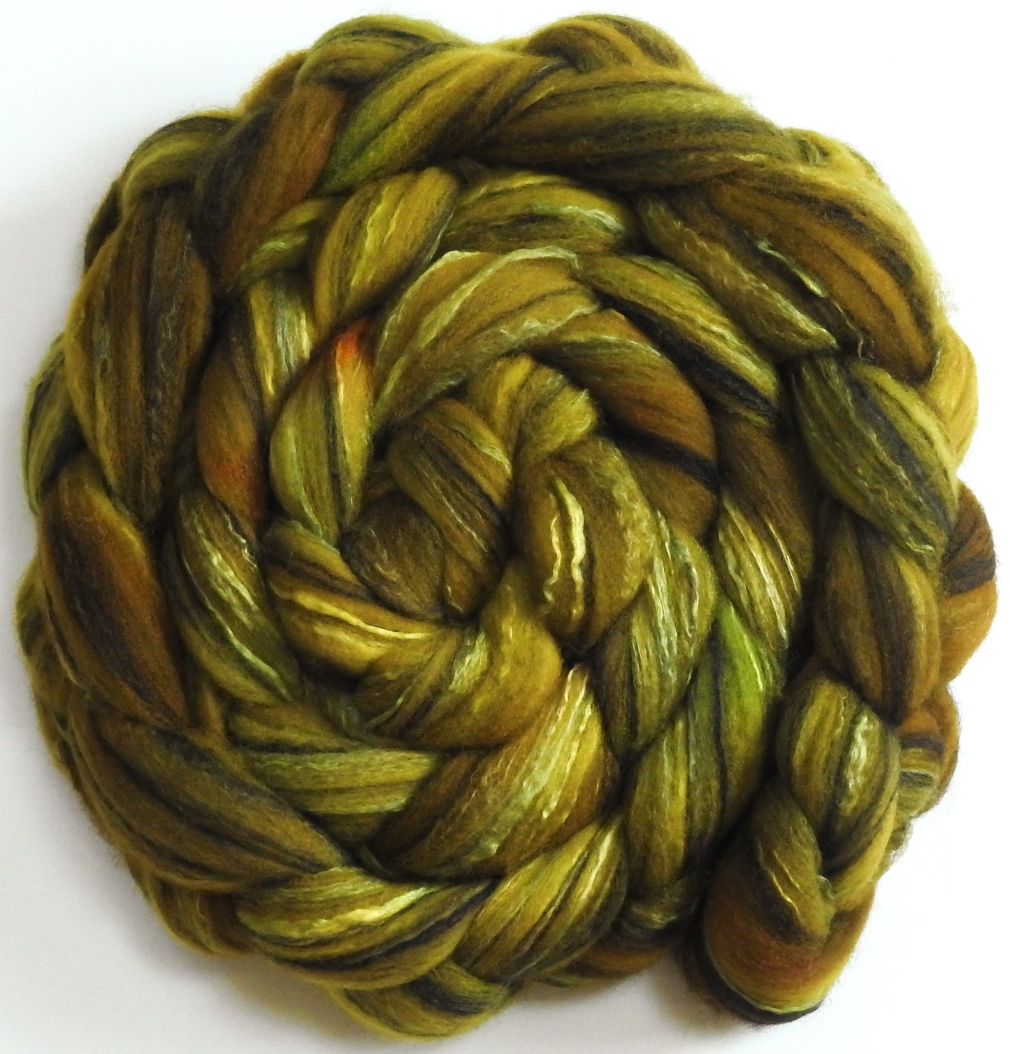 Spore-(6.1 oz.) Batt in a Braid #30- Charollais/ Rambouillet / Black tussah /Mulberry silk (40/40/10/10)