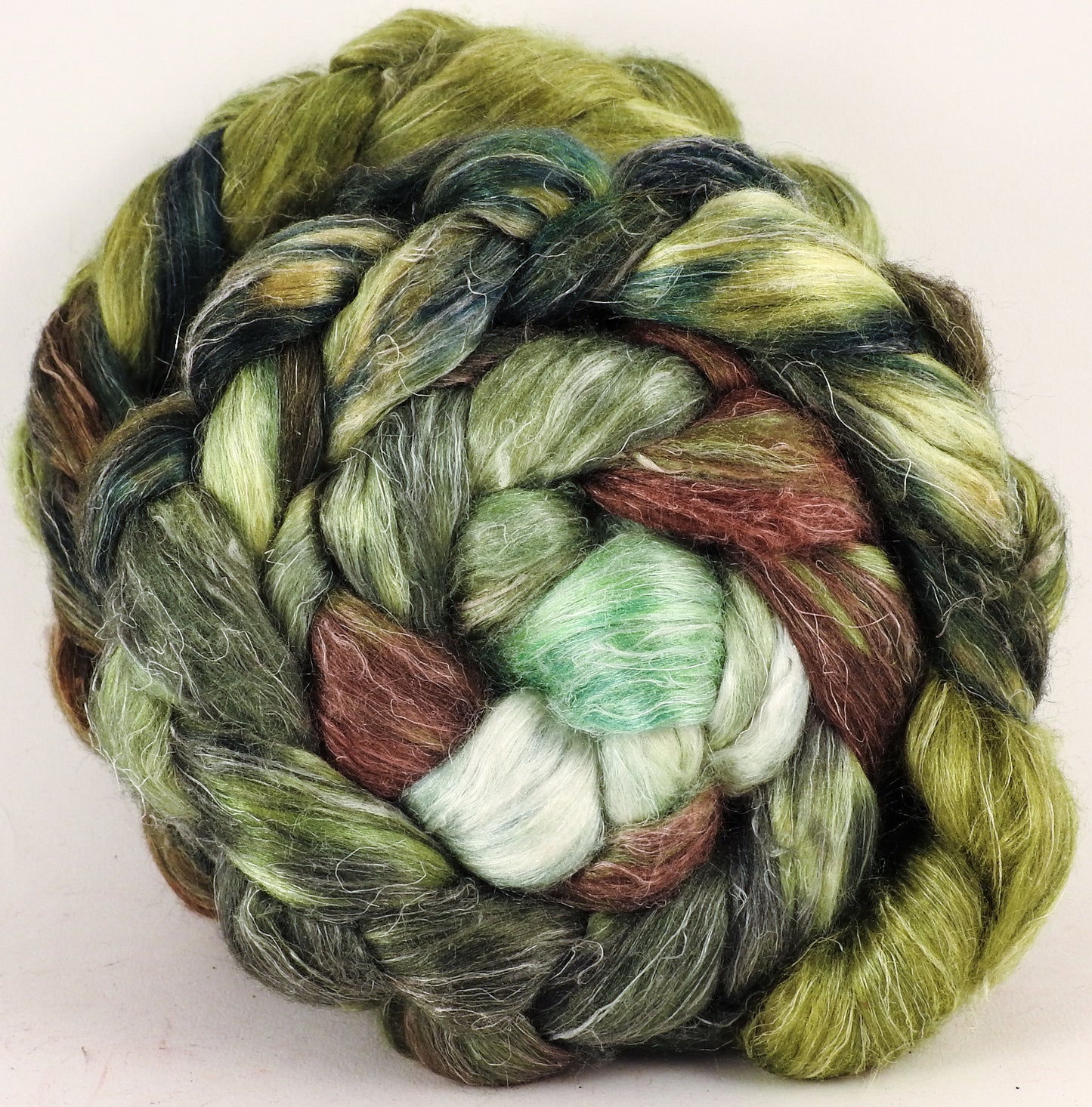 Hand dyed Tussah Silk / flax roving - Thyme - (65/35) - Inglenook Fibers