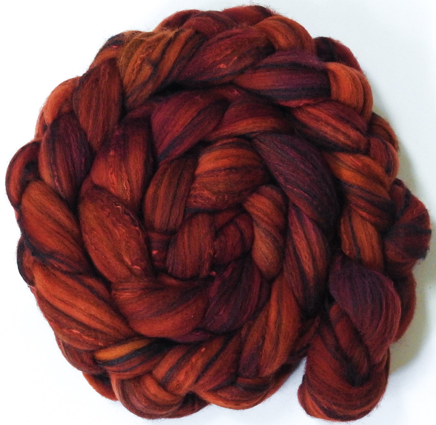 Carnelian -(5.7 oz.) -Glazed Solid- Batt in a Braid #30- Charollais/ Rambouillet / Black tussah /Mulberry silk (40/40/10/10)
