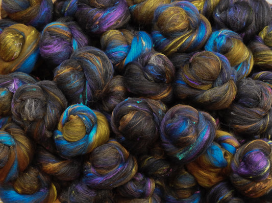 Grackle -Non-Sparkle Sticklebatts( 4.1 oz. )  -30% Corrie  fleece; polwarth, merino, silk, bamboo, silk noil