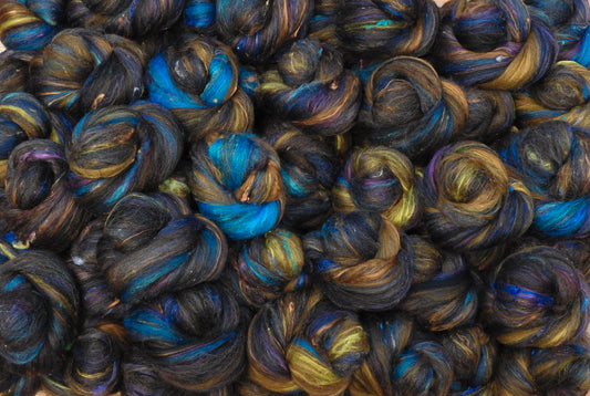 Grackle -Sparkle Sticklebatts -30% Corrie  fleece; polwarth, merino, silk, bamboo, silk noil