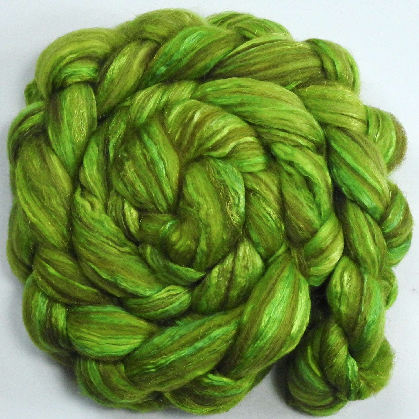 Tree Frog (5.6) - Batt in a Braid #7 - Polwarth/ Manx / Mulberry silk/ Firestar (30/30/30/10)
