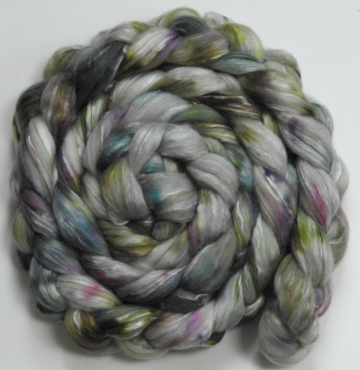 Moonstone (5.8 oz) - Batt in a Braid #31 - Polwarth/ Mulberry Silk / Baby Alpaca / Rainbow Firestar/ Tencel( 40/25/15/10/10)