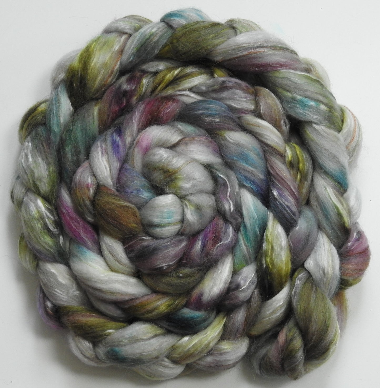 Moonstone (5.8 oz) - Batt in a Braid #31 - Polwarth/ Mulberry Silk / Baby Alpaca / Rainbow Firestar/ Tencel( 40/25/15/10/10)