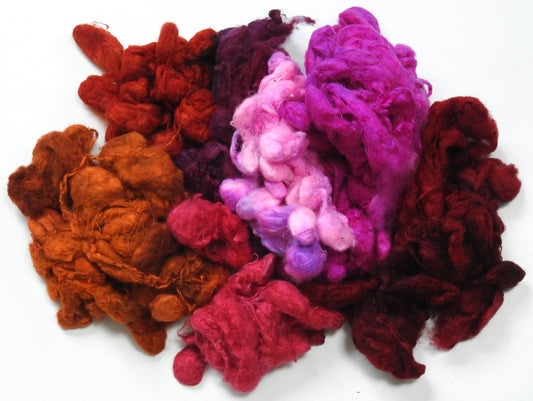 Hand dyed -De-gummed silk cocoons-reds -2.1 oz