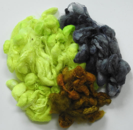 Hand dyed -De-gummed silk cocoons-green/grey -1.6 oz