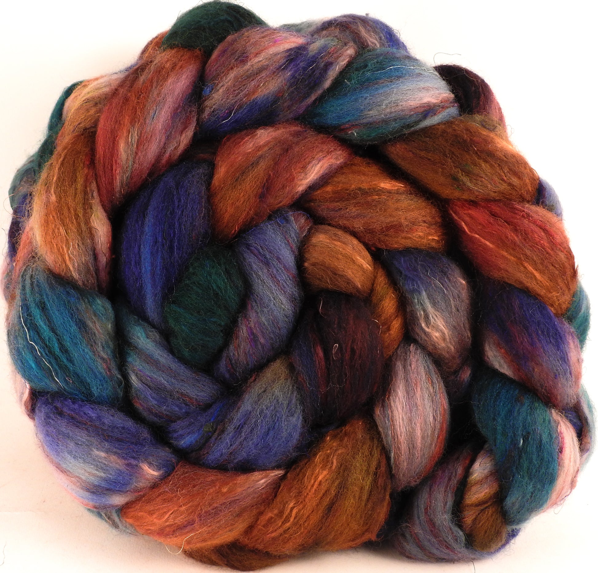 Batt in a Braid #39 - Argyle Socks (5.3 oz) - Falkland Merino/ Mulberry Silk / Sari Silk (50/25/25) - Inglenook Fibers