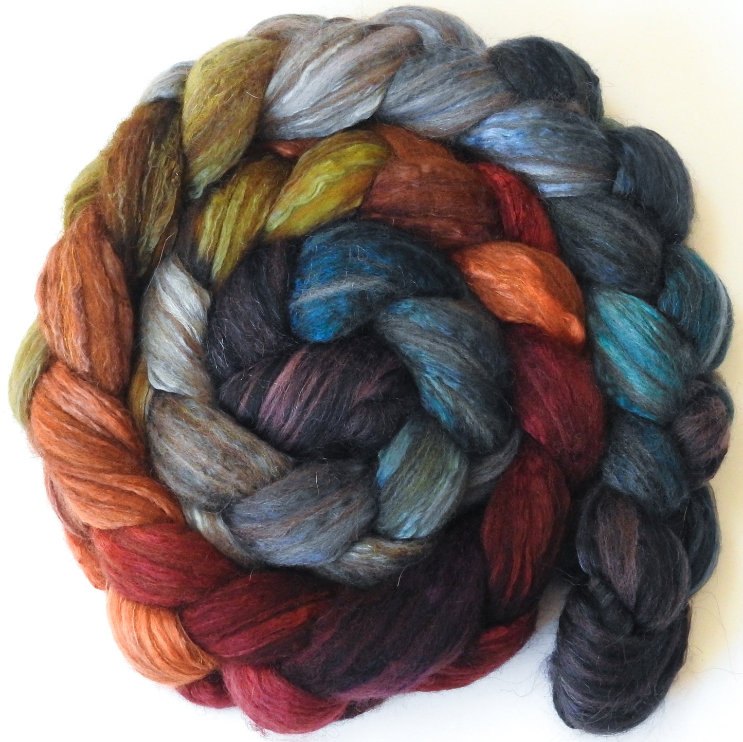 Midst of Fall (5.5 oz) - Batt in a Braid #7 - Polwarth/ Manx / Mulberry silk/ Firestar (30/30/30/10)