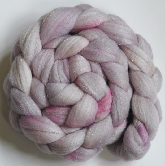 Tea Rose-(5.6 oz)  Batt in a Braid #58-Superfine Merino/ Tussah silk/ Gold Stellina(65/25/10)