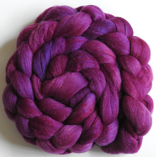 Redbud-(5.6 oz)  Batt in a Braid #58-Superfine Merino/ Tussah silk/ Gold Stellina(65/25/10)
