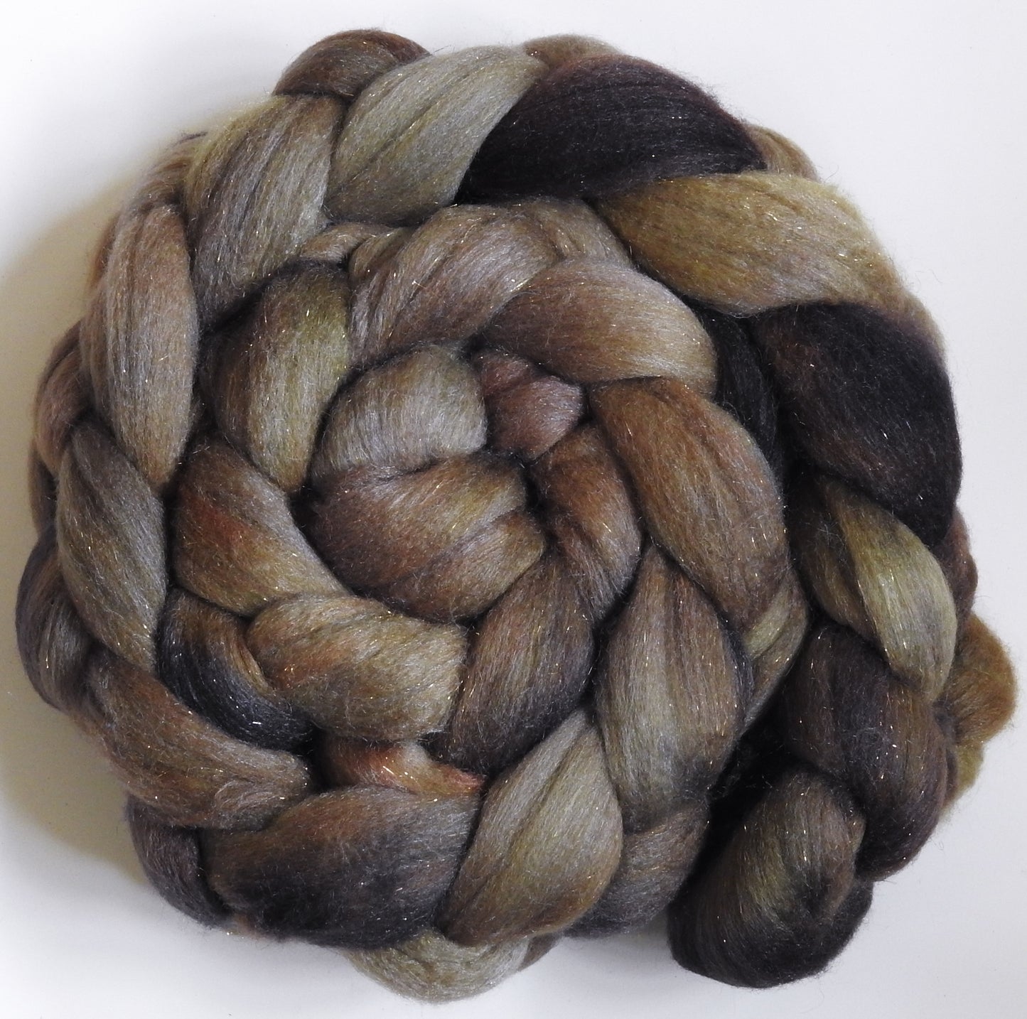 Driftwood (5.6 oz)  Batt in a Braid #58-Superfine Merino/ Tussah silk/ Gold Stellina(65/25/10)