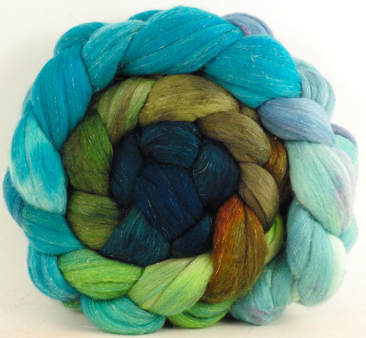 Merpeople (6.3 oz) - Batt in a Braid #48 -Superfine Merino/ Mulberry silk/ Camel/ Gold Stellina (55/25/15/5)
