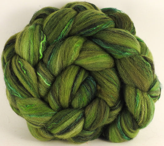 Batt in a Braid #30-Alfalfa -(5.5 oz.)Charollais/ Rambouillet / Black tussah /Mulberry silk (40/40/10/10) - Inglenook Fibers