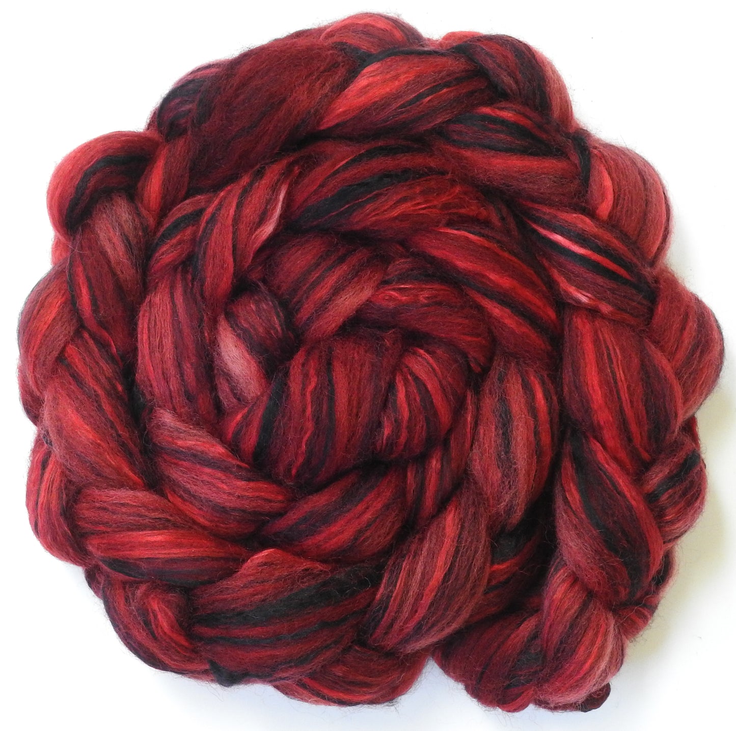 Holly Berry (5.3 oz) - Batt in a Braid #55- Shetland/ Mulberry Silk/ Black Bamboo (50/25/25)