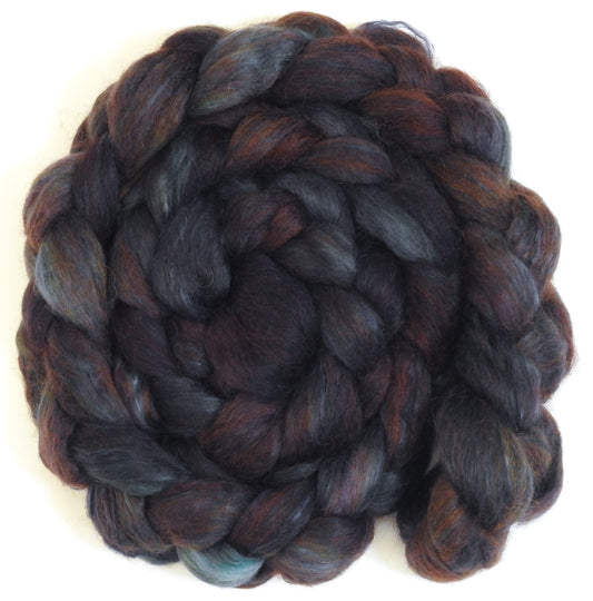 French Roast (5.3 oz) - Batt in a Braid #52- Wensleydale/ Mulberry silk/ Polwarth (60/25/15)