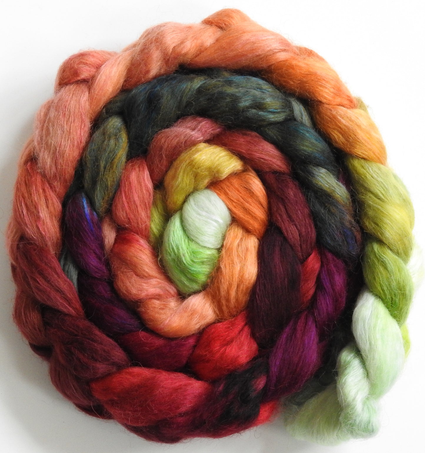 Icelandic Poppies(5.4 oz) - Batt in a Braid #52- Wensleydale/ Mulberry silk/ Polwarth (60/25/15)
