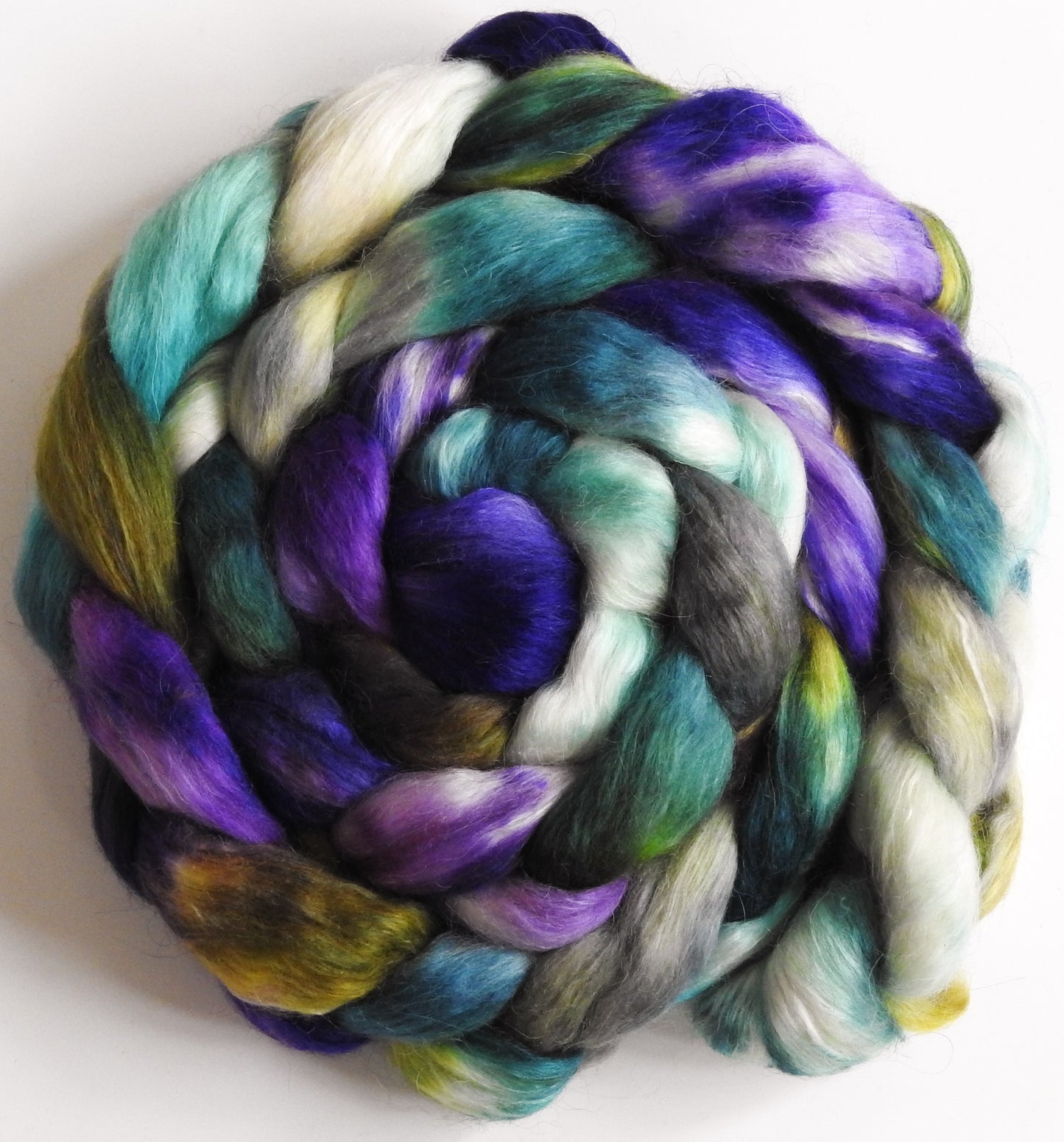 African Violets (5.4 oz) - Batt in a Braid #52- Wensleydale/ Mulberry silk/ Polwarth (60/25/15)
