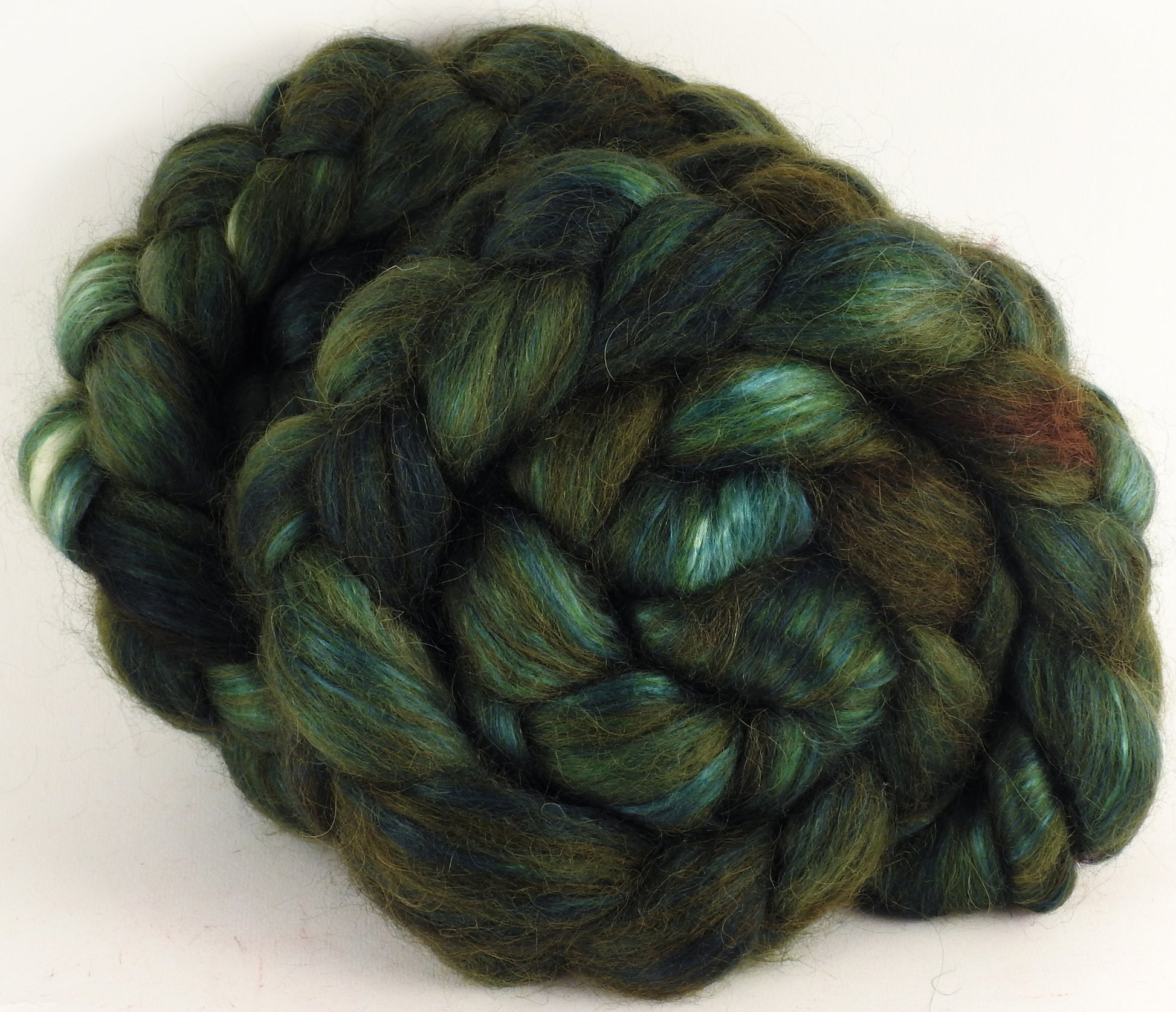 Hand-dyed wensleydale/ mulberry silk roving (65/35) - Zucchini - (5.3 oz.) - Inglenook Fibers