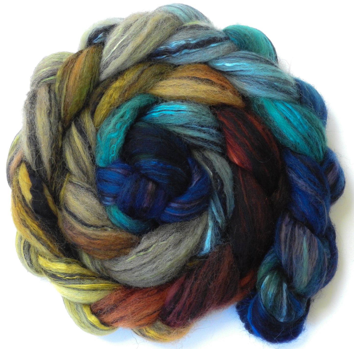 Harvest Moon (5.4 oz) Batt in a Braid #55- Shetland/ Mulberry Silk/ Black Bamboo (50/25/25)