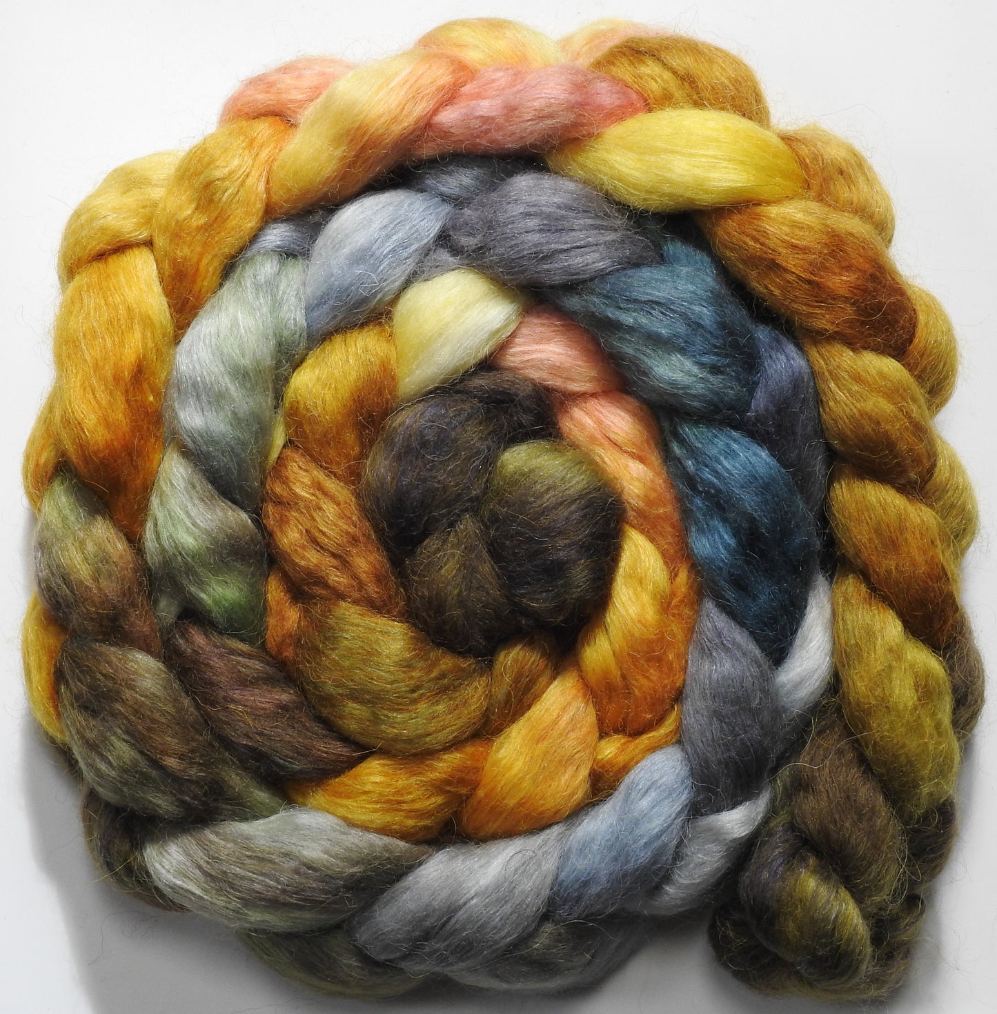 Tarnished (5.3 oz) - Batt in a Braid #52- Wensleydale/ Mulberry silk/ Polwarth (60/25/15)