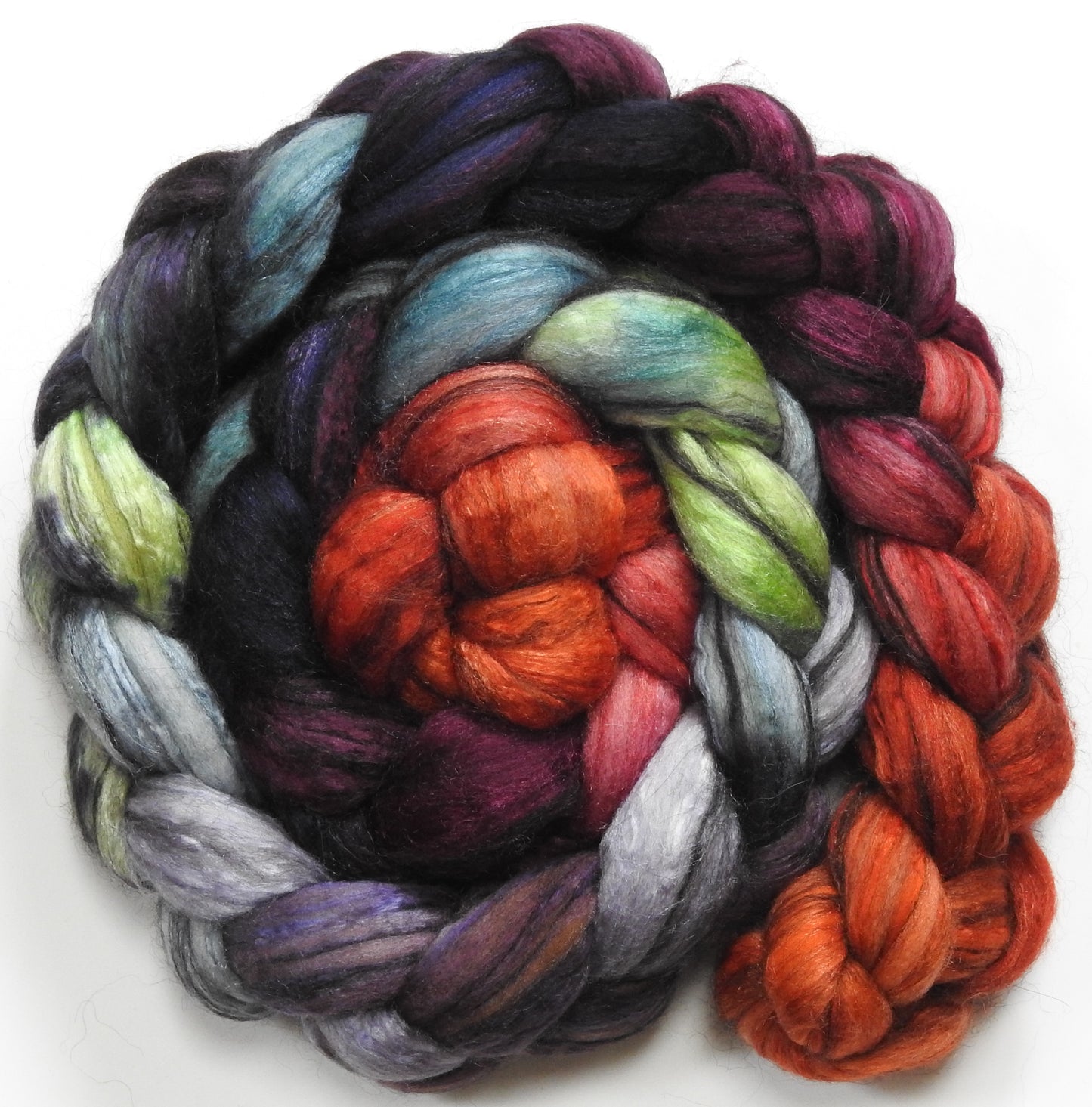 Ruby Throat (5.6 oz.) - Batt in a Braid #9 - Superfine Merino/ Mulberry Silk / Black Alpaca (50/40/10)