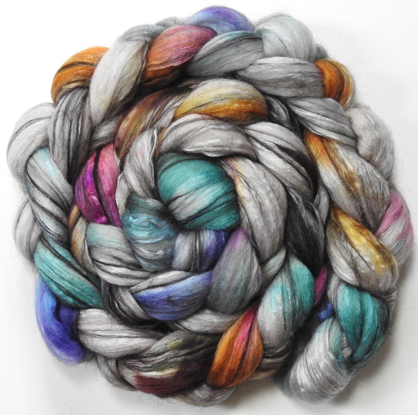 Glass Houses (5.6 oz.) - Batt in a Braid #9 - Superfine Merino/ Mulberry Silk / Black Alpaca (50/40/10)