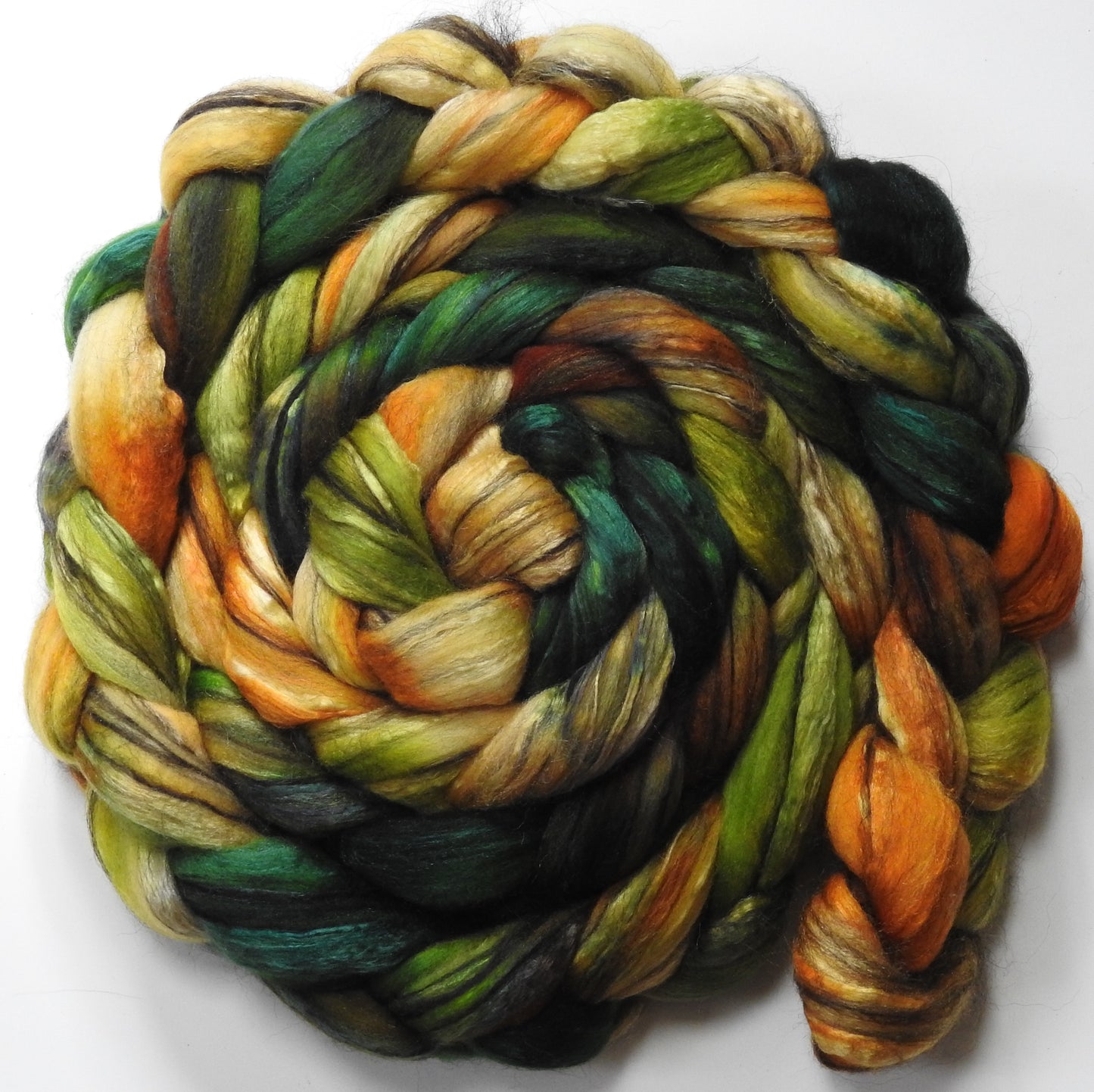 Green Thumb (5.7 oz.) - Batt in a Braid #9 - Superfine Merino/ Mulberry Silk / Black Alpaca (50/40/10)