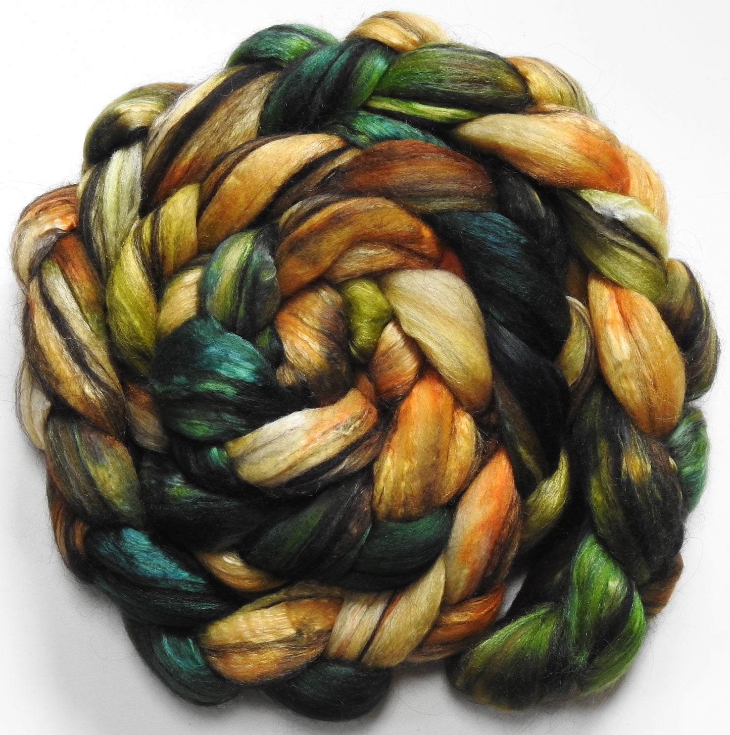 Green Thumb (5.7 oz.) - Batt in a Braid #9 - Superfine Merino/ Mulberry Silk / Black Alpaca (50/40/10)