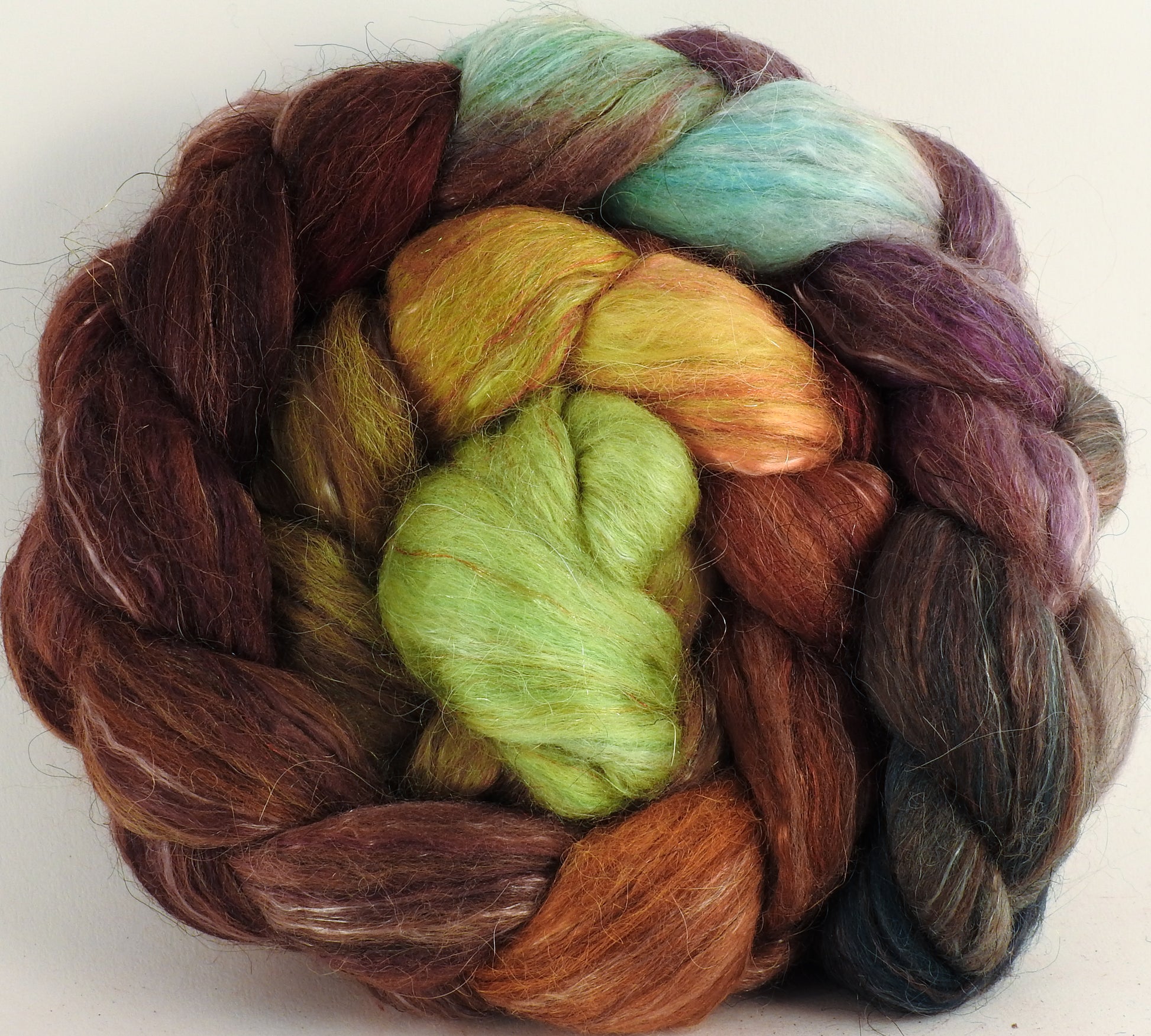 Batt in a Braid #31- Bronze Oak -( 6.2 oz. ) - Polwarth/ Mulberry Silk / Baby Alpaca / Rainbow Firestar/ Tencel( 40/25/15/10/10) - Inglenook Fibers
