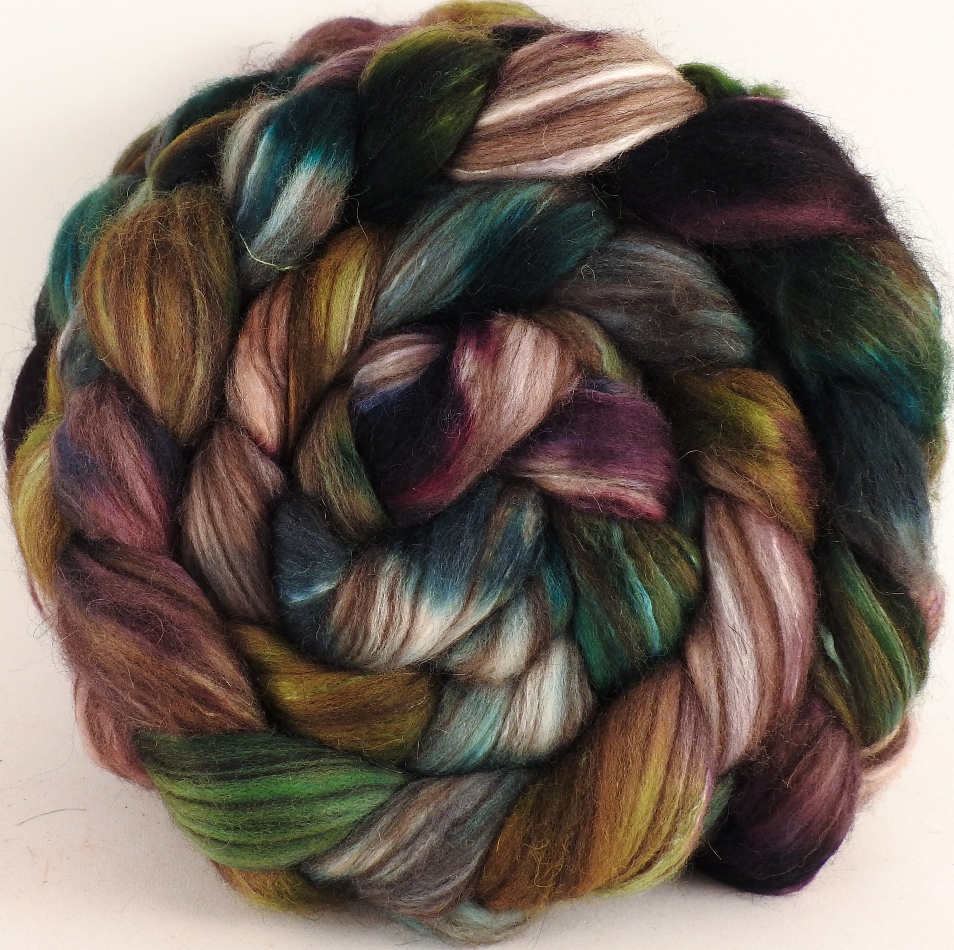 Hand dyed top for spinning - Bramble (5.2 oz) - 18.5 mic merino/ camel/ brown alpaca/ mulberry silk/ (40/20/20/20) - Inglenook Fibers
