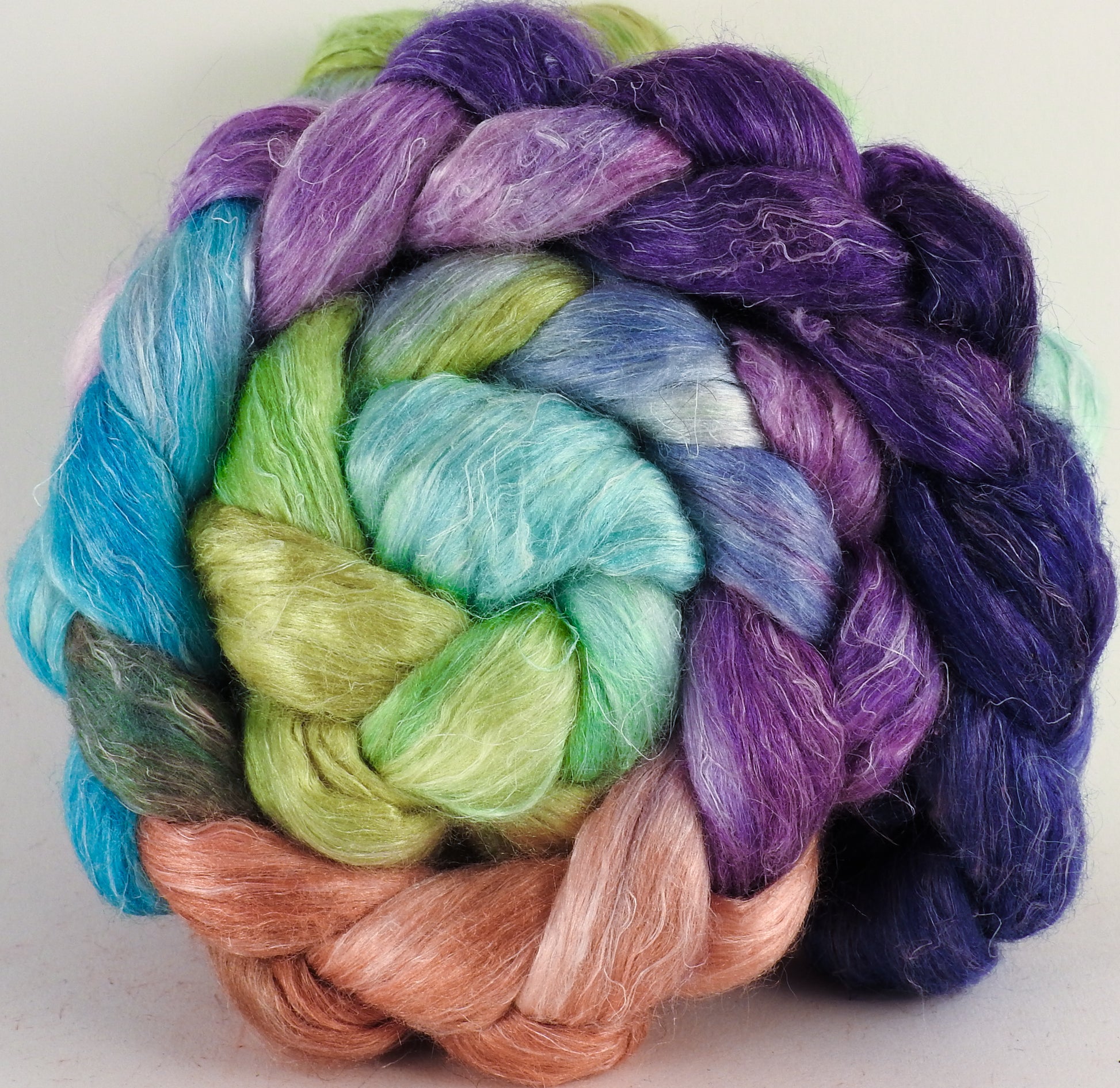 Hand dyed Tussah Silk / flax roving - Sea Blooms - (65/35)- (4.7 oz.) - Inglenook Fibers