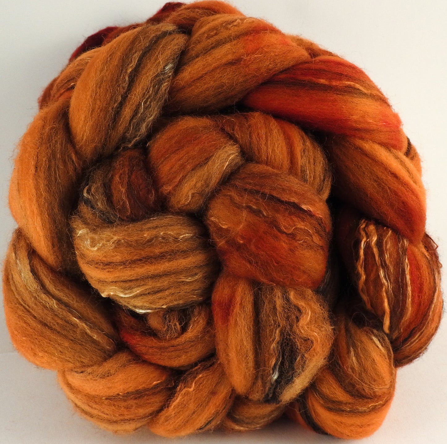 Batt in a Braid #30-  Kumquat (5.3 oz.) - Charollais/ Rambouillet / Black tussah /Mulberry silk (40/40/10/10) - Inglenook Fibers