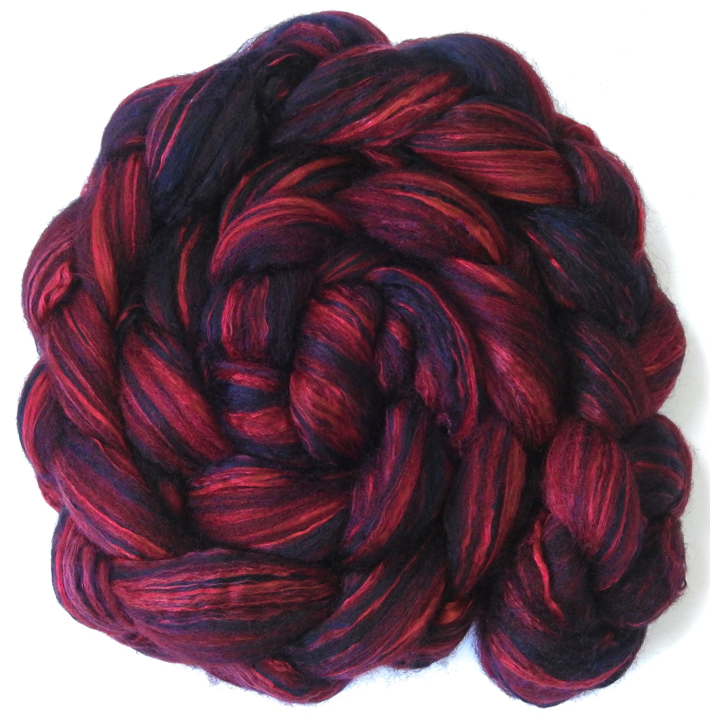 Crimson - Batt in a Braid #55- Shetland/ Mulberry Silk/ Black Bamboo (50/25/25)